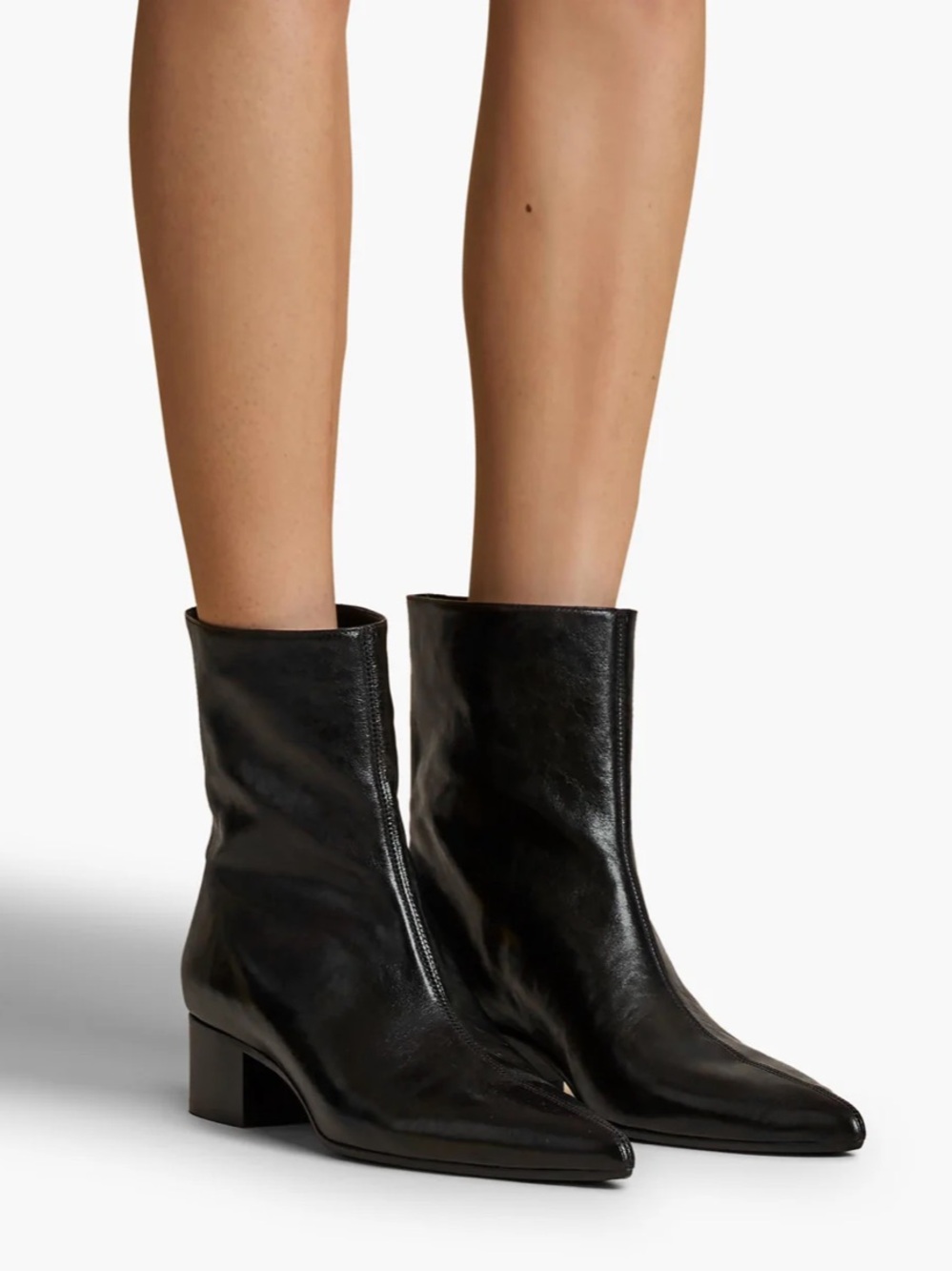 KHAITE Andee Black Glazed Leather Ankle Boots